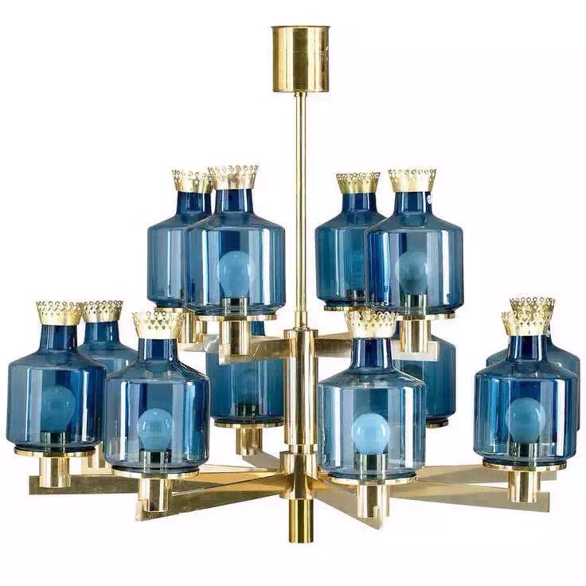 Scandinavian Mid Century Modern Blue Glass Chandelier in Gold